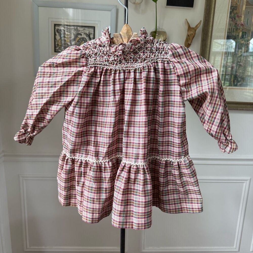 Vintage Polly Flinders Plaid Smocked Long Sleeve Dress 3T